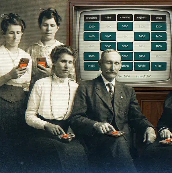 Family playing trivia at home with Plonkus on screen